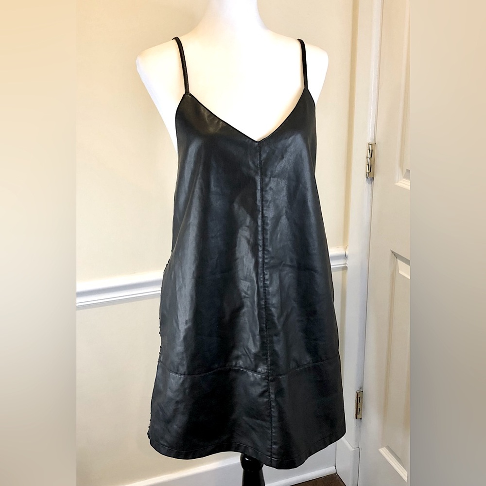 FREE PEOPLE Faux Black Leather Spaghetti Strap V-Neck Dress w Pockets Sz L